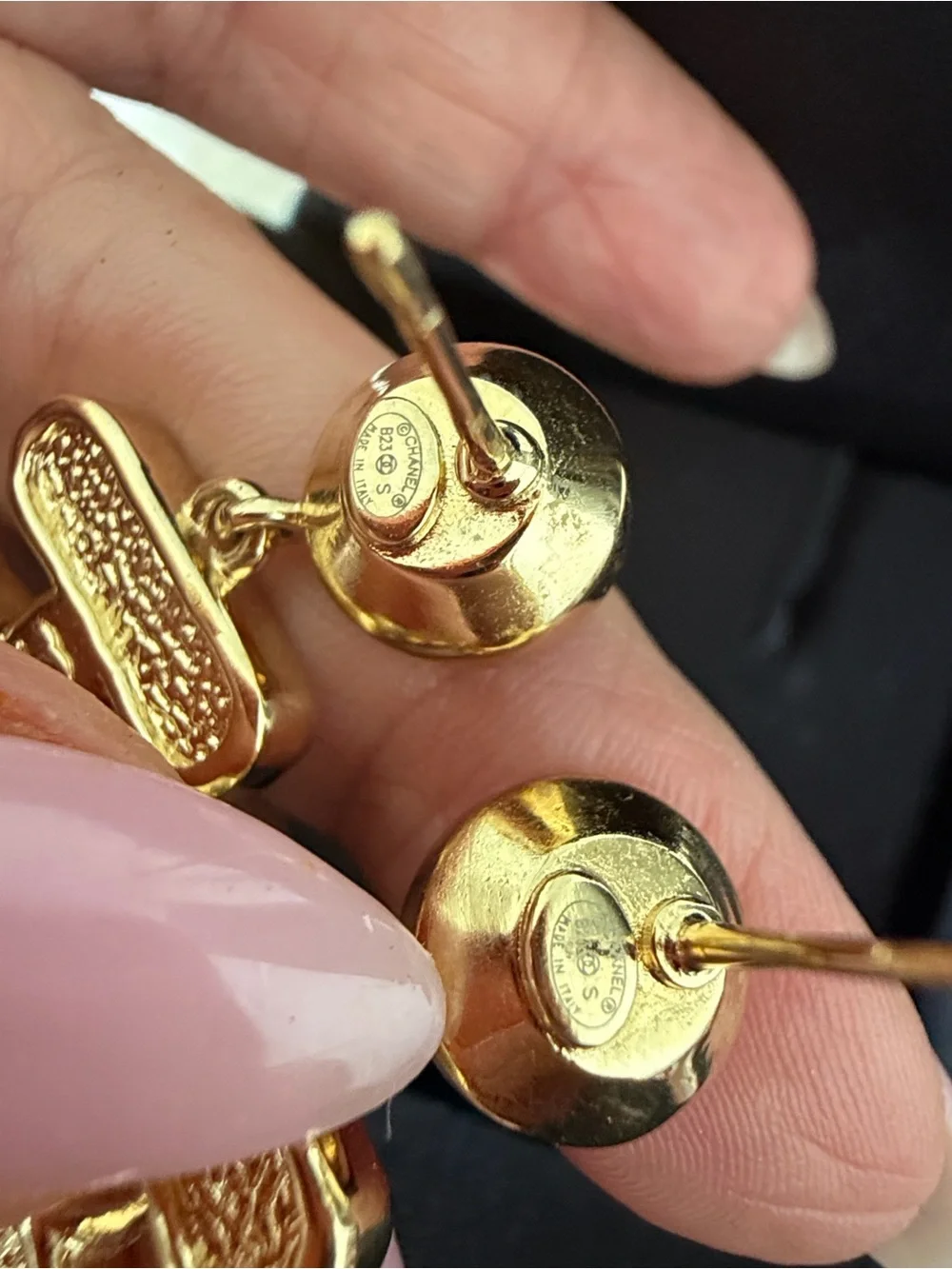 CHANEL Black & Gold Perfume Bottle Drop Earrings with Crystal Accents